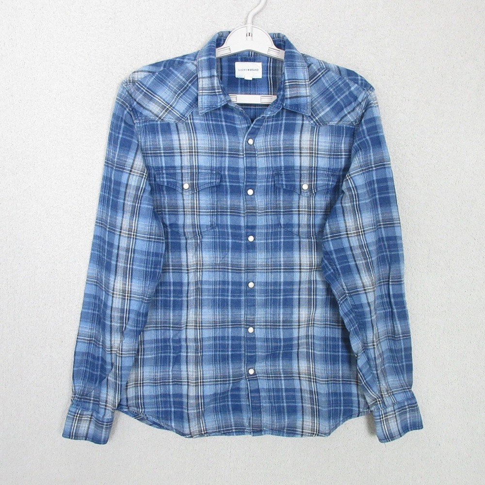 Lucky Brand Western Shirt Mens Small Flannel Blue Plaid Long Sleeve Pearl Snap
